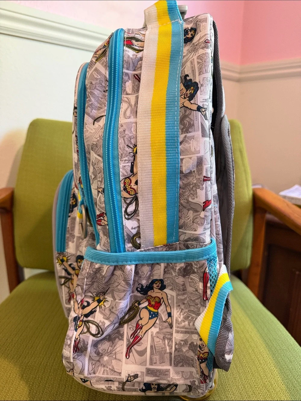 Wonder Woman Comic Print Backpack in White, Blue, Red